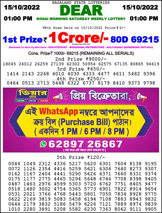 Lottery Sambad 1 PM result 15 Oct 2022