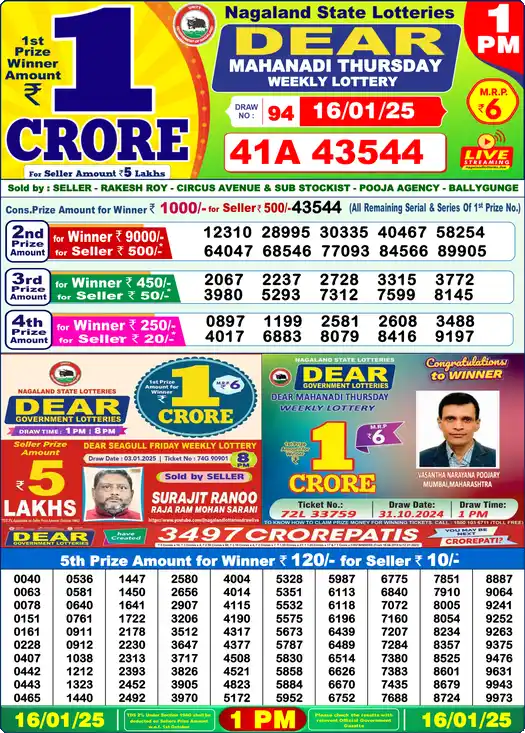 Lottery Sambad 1 PM result 16 Jan 2025