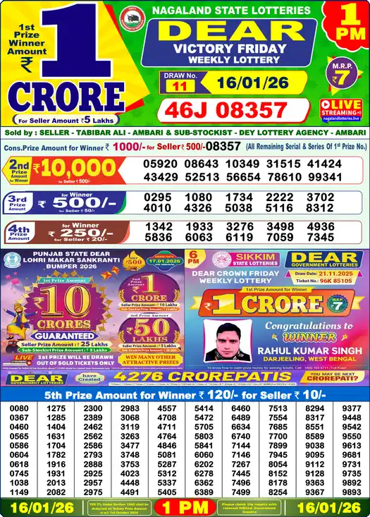 Lottery Sambad 1 PM result 16 Jan 2026