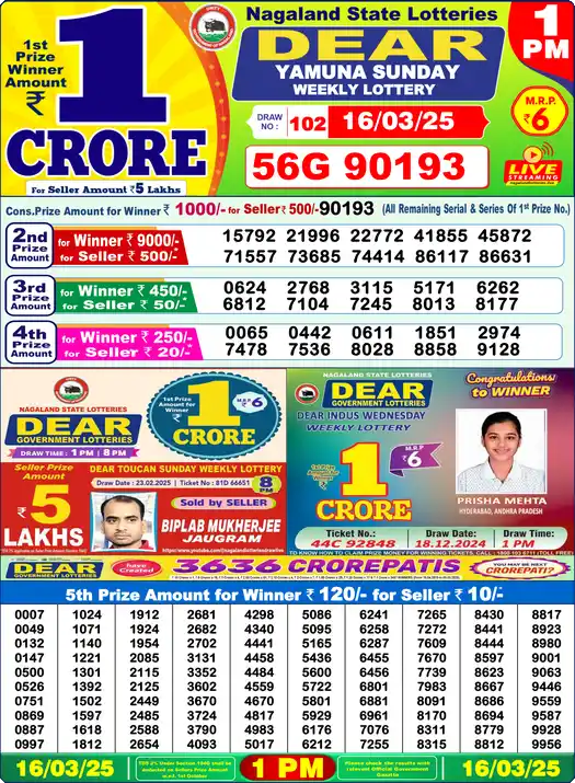 Lottery Sambad 1 PM result 16 Mar 2025