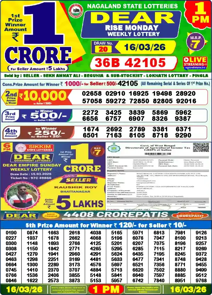 Lottery Sambad 1 PM result 16 Mar 2026
