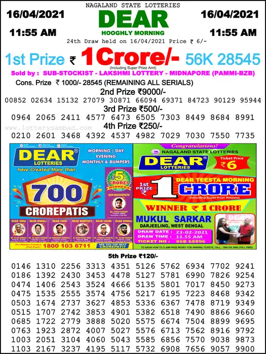 Lottery Sambad 1 PM result 16 Apr 2021