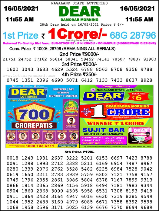 Lottery Sambad 1 PM result 16 May 2021