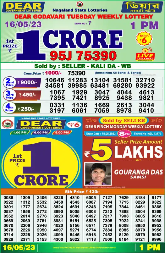 Lottery Sambad 1 PM result 16 May 2023