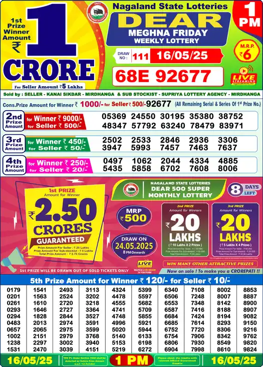 Lottery Sambad 1 PM result 16 May 2025