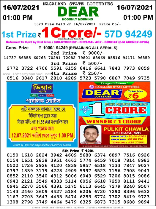 Lottery Sambad 1 PM result 16 Jul 2021