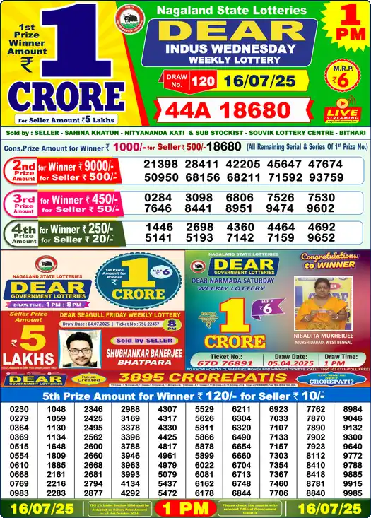Lottery Sambad 1 PM result 16 Jul 2025