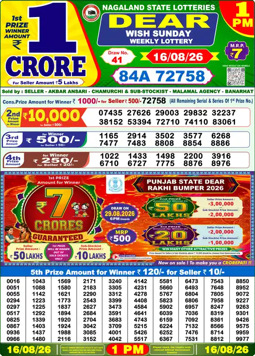 Lottery Sambad Today 1:00 PM Result 16 August 2026