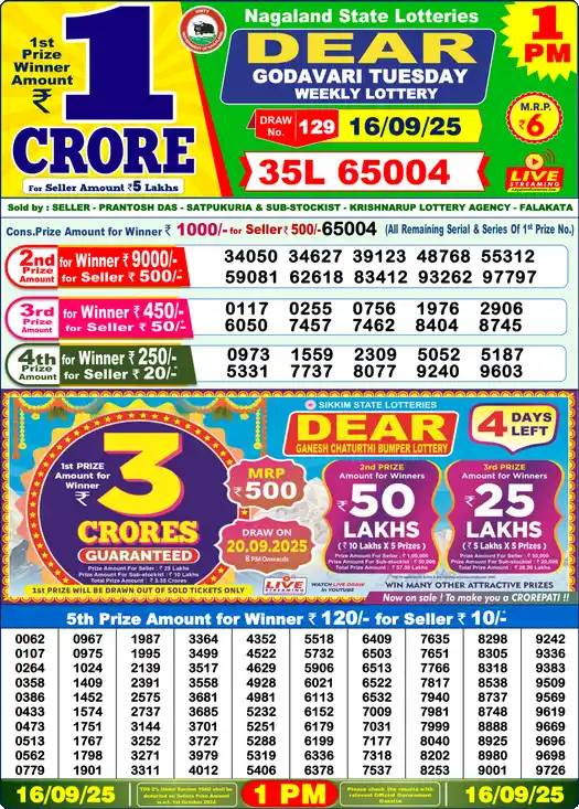 Lottery Sambad 1 PM result 16 Sep 2025