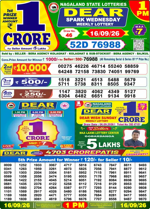 Lottery Sambad Today 1:00 PM Result 16 September 2026