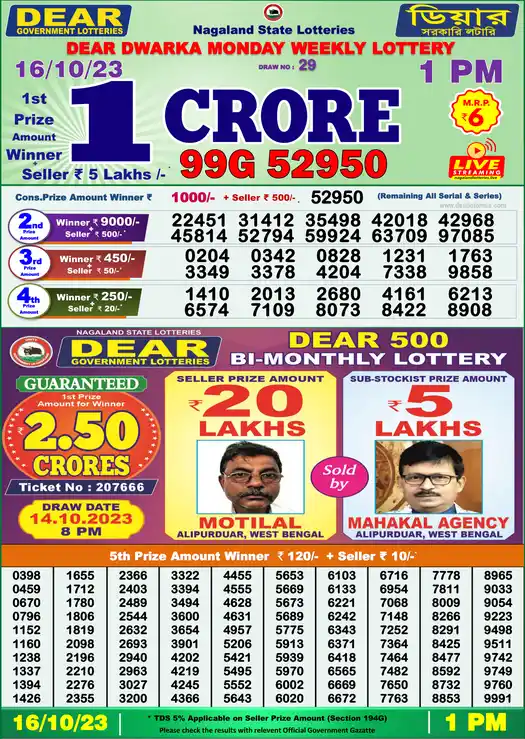Lottery Sambad 1 PM result 16 Oct 2023