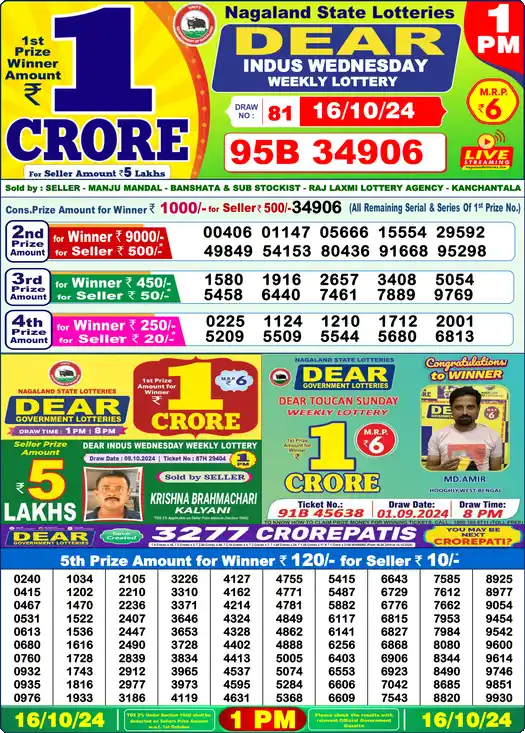 Lottery Sambad 1 PM result 16 Oct 2024