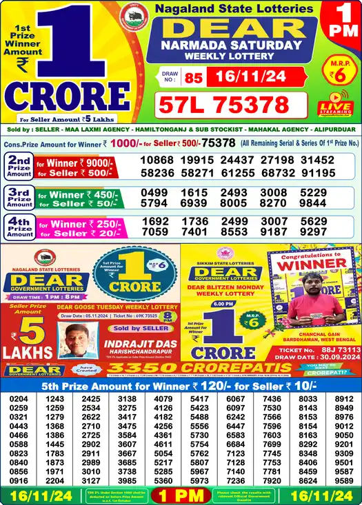 Lottery Sambad 1 PM result 16 Nov 2024
