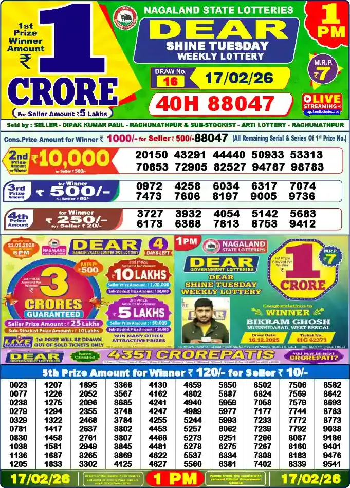 Lottery Sambad 1 PM result 17 Feb 2026