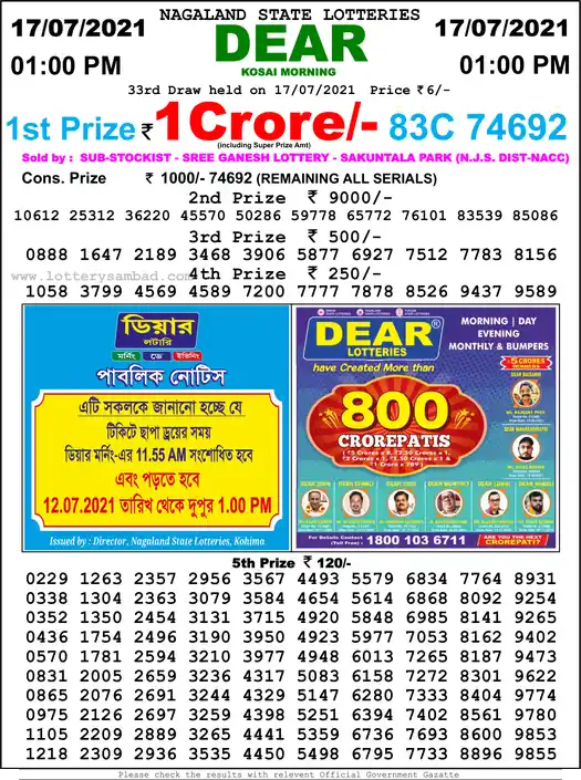 Lottery Sambad 1 PM result 17 Jul 2021