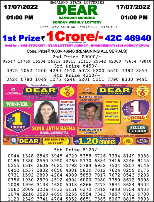 Lottery Sambad 1 PM result 17 Jul 2022