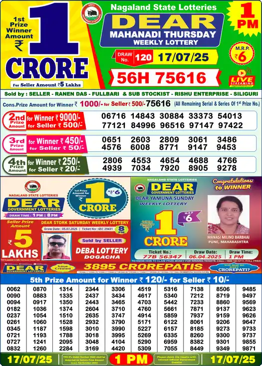 Lottery Sambad 1 PM result 17 Jul 2025