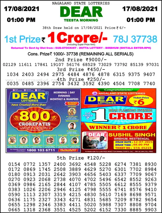 Lottery Sambad 1 PM result 17 Aug 2021