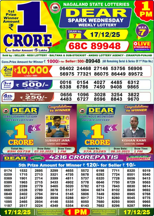 Lottery Sambad 1 PM result 17 Dec 2025