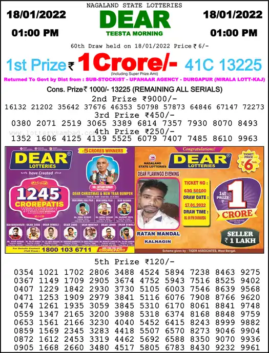 Lottery Sambad 1 PM result 18 Jan 2022