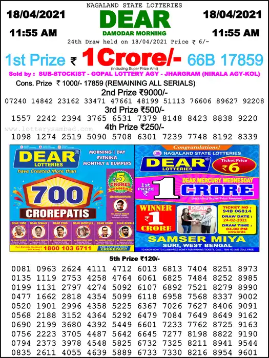Lottery Sambad 1 PM result 18 Apr 2021