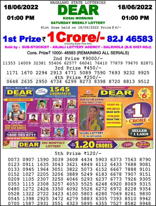 Lottery Sambad 1 PM result 18 Jun 2022