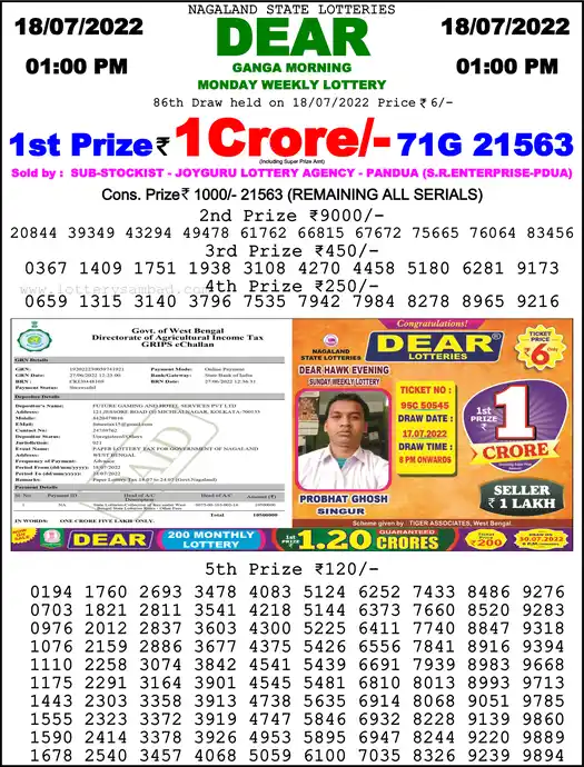Lottery Sambad 1 PM result 18 Jul 2022