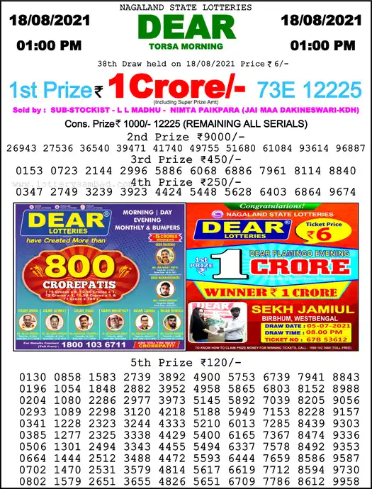 Lottery Sambad 1 PM result 18 Aug 2021