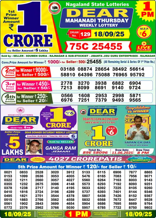 Lottery Sambad 1 PM result 18 Sep 2025