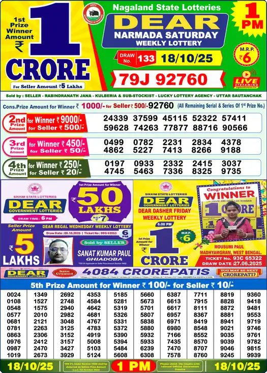 Lottery Sambad 1 PM result 18 Oct 2025