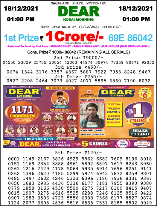 Lottery Sambad 1 PM result 18 Dec 2021