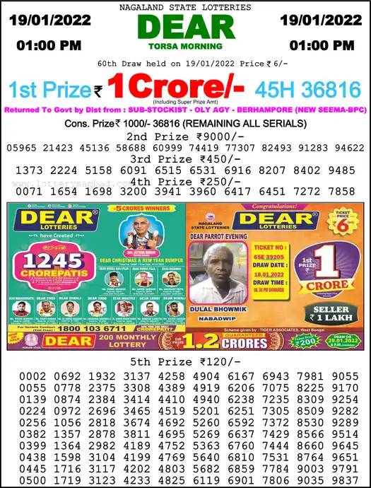 Lottery Sambad 1 PM result 19 Jan 2022