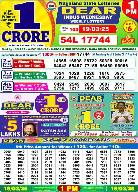 Lottery Sambad 1 PM result 19 Mar 2025