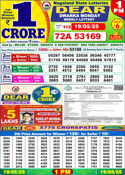 Lottery Sambad 1 PM result 19 May 2025