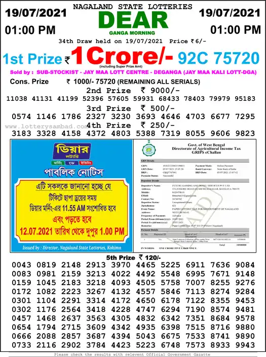 Lottery Sambad 1 PM result 19 Jul 2021