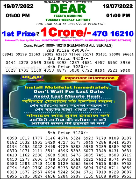 Lottery Sambad 1 PM result 19 Jul 2022