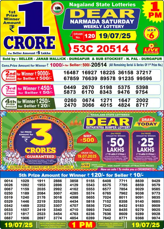 Lottery Sambad 1 PM result 19 Jul 2025