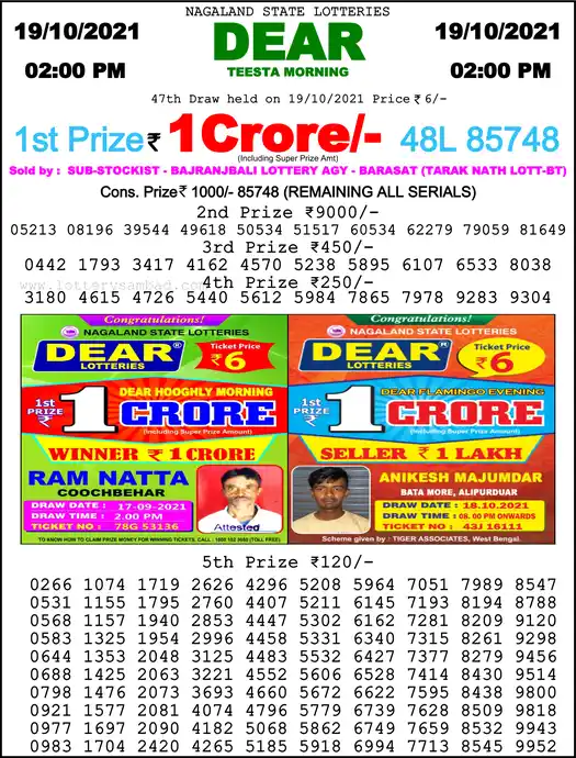 Lottery Sambad 1 PM result 19 Oct 2021