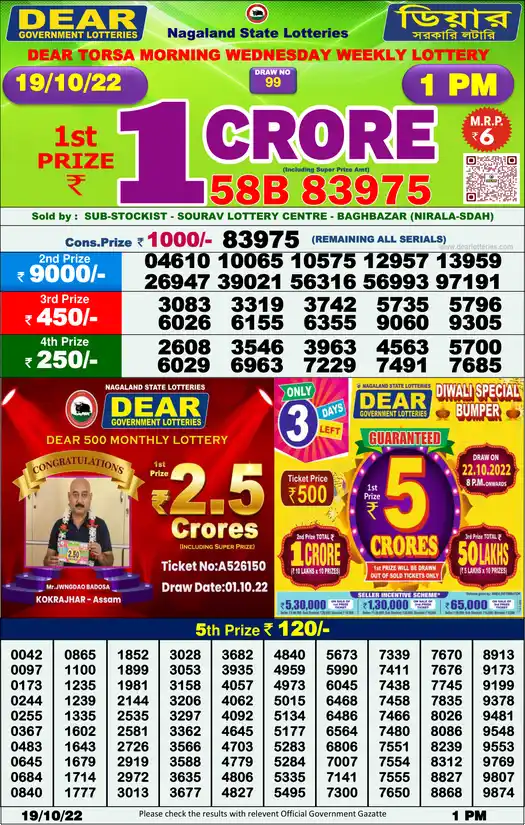 Lottery Sambad 1 PM result 19 Oct 2022