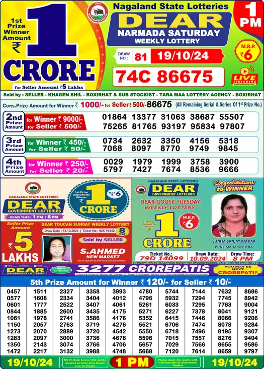Lottery Sambad 1 PM result 19 Oct 2024