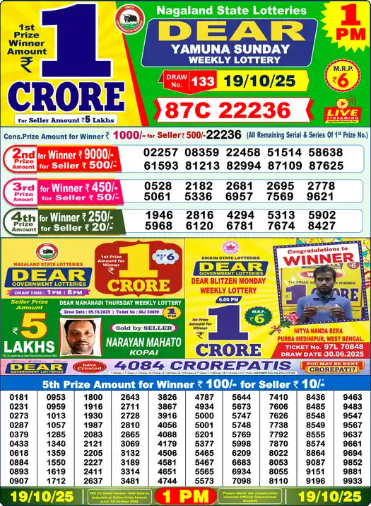 Lottery Sambad 1 PM result 19 Oct 2025