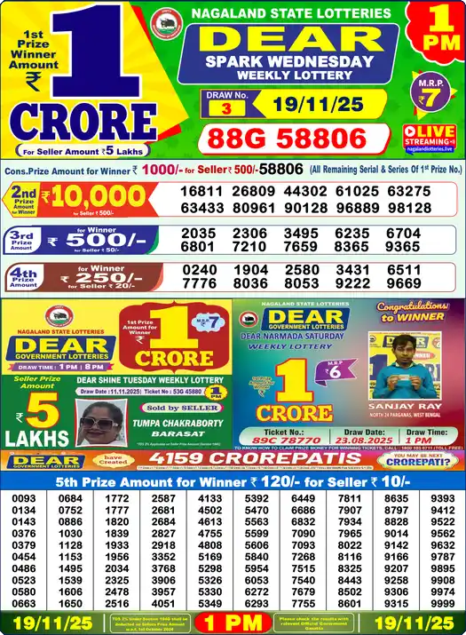 Lottery Sambad 1 PM result 19 Nov 2025