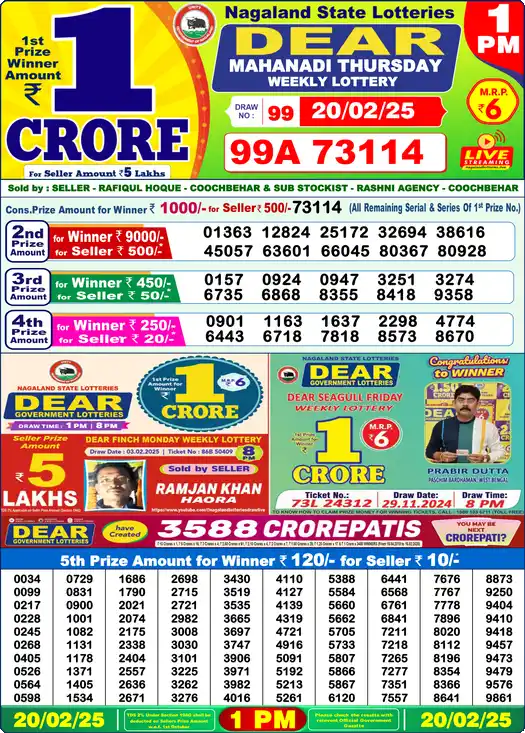 Lottery Sambad 1 PM result 20 Feb 2025