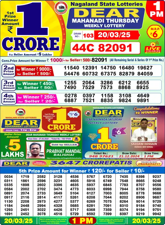 Lottery Sambad 1 PM result 20 Mar 2025