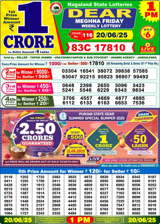 Lottery Sambad 1 PM result 20 Jun 2025