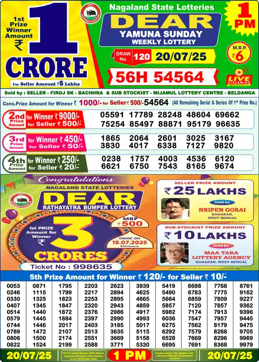 Lottery Sambad 1 PM result 20 Jul 2025
