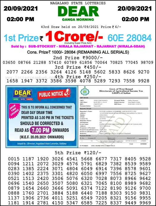 Lottery Sambad 1 PM result 20 Sep 2021