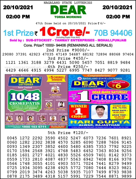 Lottery Sambad 1 PM result 20 Oct 2021