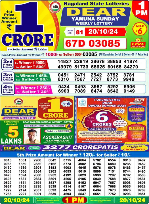 Lottery Sambad 1 PM result 20 Oct 2024