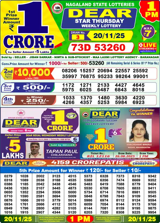 Lottery Sambad 1 PM result 20 Nov 2025